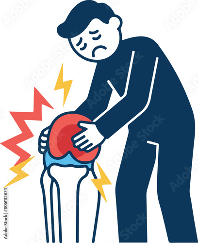 Vector flat illustration of a man suffering from severe knee pain, bending to touch his inflamed joint, depicted with a skeletal overlay and jagged red and yellow pain bolts indicating injury or arthr