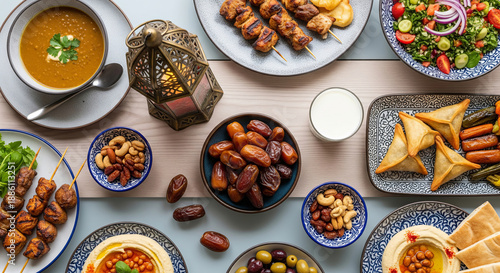 Traditional Middle Eastern Iftar Feast with Dates, Grilled Skewers, Hummus, and Fresh Salad Ramadan