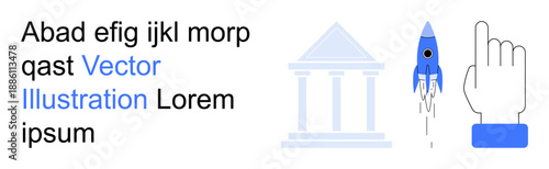 Innovation, progress, education, technology, interactive design, digital transformation. Rocket and hand icon with classical building. Innovation and progress through dynamic imagery
