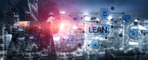 Businessman in a suit stands confidently against a city skyline, emphasizing lean management principles focused on efficiency, production, and employee engagement. Tessel