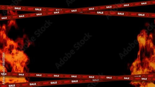 Animated hot sale text on moving tapes with realistic fire flames on black background in a seamless loop.