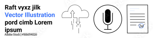Cloud storage, speech recording, data security, digital signatures, online agreements, technology tools. Icon set includes a cloud with arrows, a microphone and a document with a signature. Cloud