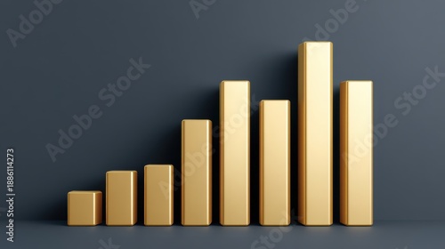 Golden bar graph showing ascending growth levels on a dark background, representing success and progress in financial analytics and data visualization concepts.