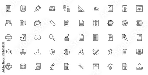 Office material icon set. Vector collection of paper, pencil, ruler, books, monitor, printer, and more essential office supplies and equipment.