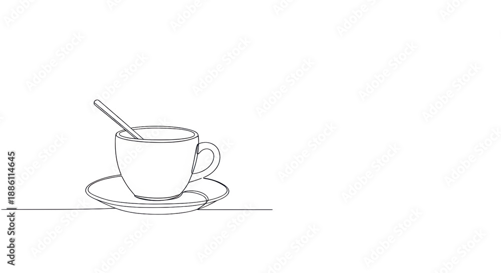 Fototapeta premium A minimalist continuous black line art of a white ceramic coffee cup, saucer, and metallic teaspoon on a bright white void with copy space, concept for beverage branding