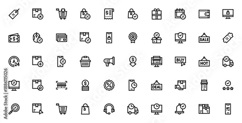 Cyber Monday icon set. Vector illustration with price tag, discount, coupon, shopping cart, delivery, credit card, and more. Editable stroke.