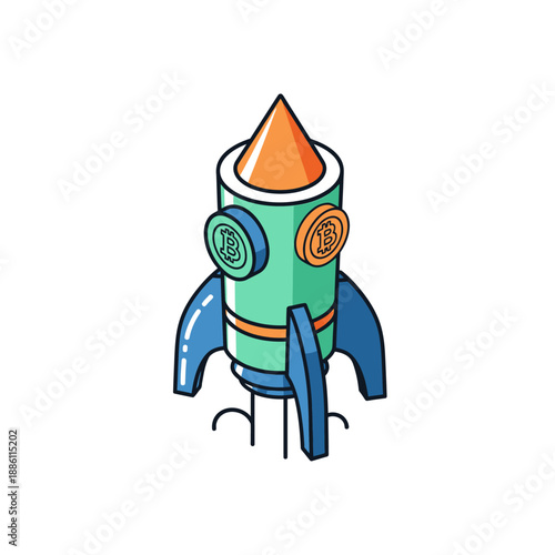 Cryptocurrency Rocket Launching into Space with Bitcoin and Ethereum Symbols.