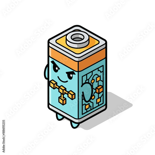 Cute Cartoon 9V Battery Character with Circuit Board Design.