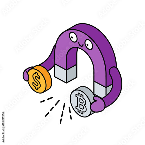 Cute Cartoon Magnet Attracting Dollar and Bitcoin Coins.