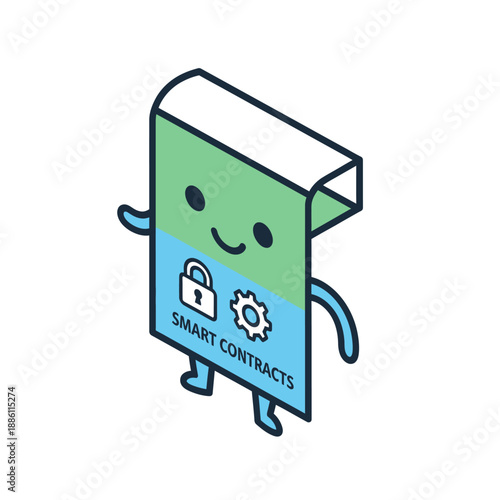 Cute Smart Contracts Character with Lock and Gear Icons.