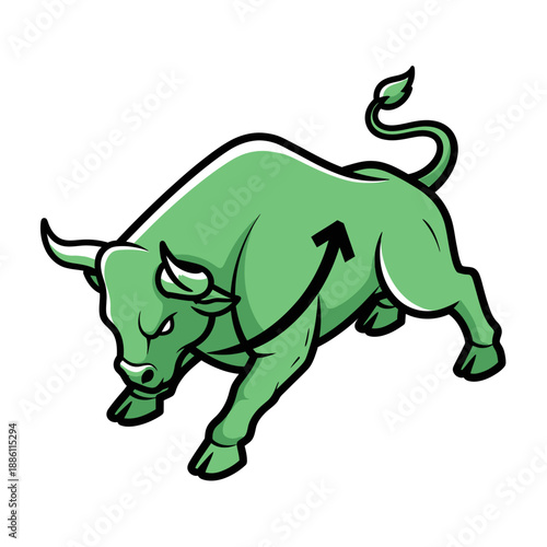Green Bull with Upward Arrow Symbolizing Stock Market Growth and Financial Success.