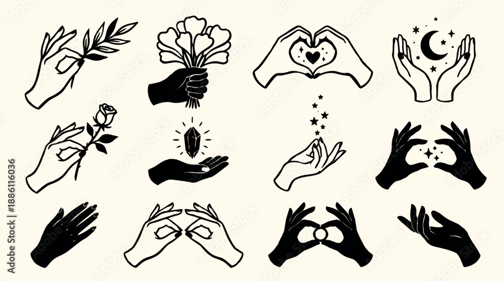 Obraz premium Tattoo flash hand gestures holding flowers crystals moon hearts various symbolic icons in black and white minimal line art set