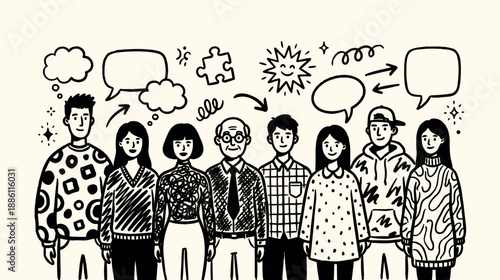 Line art front facing diverse group of people standing group portrait with speech bubbles and doodle marks friendly