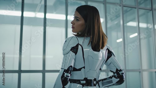 Woman in futuristic armor stands in a glass room showing different angles during a photoshoot