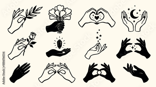 Tattoo flash hand gestures holding flowers crystals moon hearts various symbolic icons in black and white minimal line art set