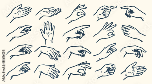 Line art vintage ink sketch hand gesture study sheet showing twenty expressive hands in varied poses close up front three quarter