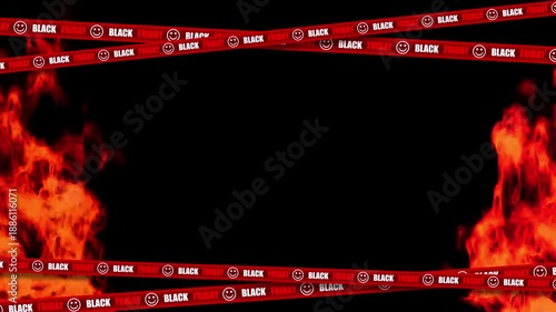 Black Friday text on red moving curved ribbons with fire background in a seamless infinite loop for social media ads.