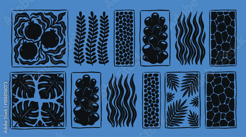 Linocut style close up botanical tile patterns in black silhouettes on blue background, top down grid layout, decorative texture handmade carved look