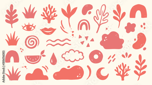 Whimsical doodle flat design sheet of coral abstract nature icons hand drawn leaves clouds rainbows playful composition vector art minimalist isolated