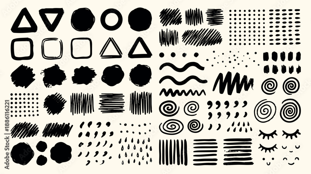 Fototapeta premium Hand drawn brush stroke vector sheet with assorted ink shapes dots lines swirls eyelashes close up landscape playful black cream texture