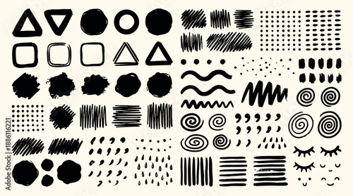 Hand drawn brush stroke vector sheet with assorted ink shapes dots lines swirls eyelashes close up landscape playful black cream texture