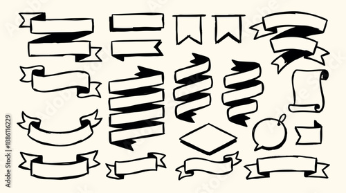 Line art hand drawn ribbon banner set with vintage scrolls and curled flags multiple angles isolated vector elements sketchy ink strokes