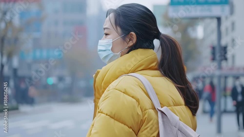 Walking in the city wearing a mask on a cool day with people and buildings around