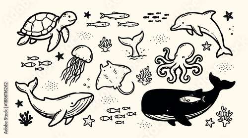 Whimsical kids doodle horizontal composition of sea creatures including smiling whale turtle dolphin octopus jellyfish stingray playful marine scene simple