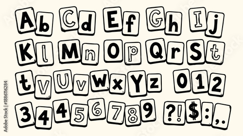 Whimsical kids doodle alphabet tiles hand drawn upper and lowercase letters and numbers in playful stamped layout with ink outline