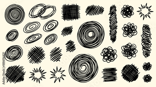 Hand drawn doodle vector brush stroke set close up assorted scribbles and spirals on cream background black ink texture isolated scattered collection