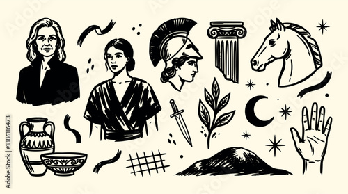 Tattoo flash ink sketches of classical greek figures helmet warrior laurel, woman portrait, amphora, horse head, moon and hand dagger