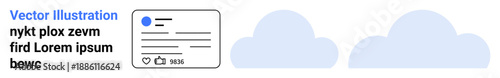 Social media, user engagement, interaction metrics, minimalistic design, online presence, digital media. A comment-style box with thumbs ups and a follower count accompanied by cloud icons. Social