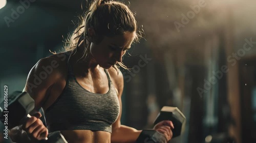 Woman lifts weights in gym during evening hours to build strength and enhance fitness level