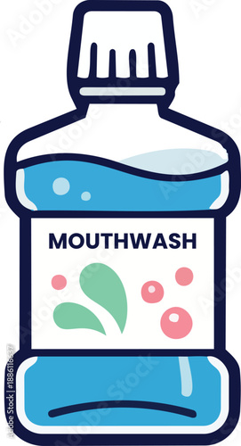 Mouthwash Bottle Icon with Blue Liquid and Fresh Design