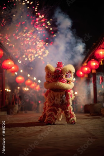Chinese traditional lunar new year Spring Festival celebration in Asia. A vibrant Chinese New Year celebration, with a lion dance in the foreground.