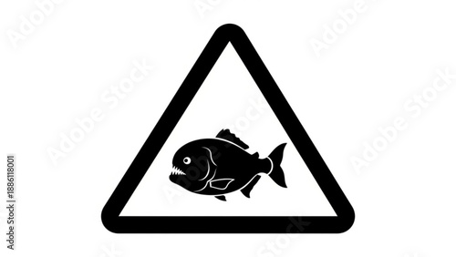 Piranha fish warning sign icon, dangerous aquatic animal silhouette in black triangle frame.