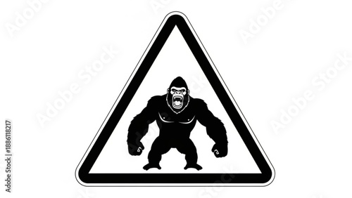 Angry gorilla warning sign, silverback ape silhouette icon in triangle frame.
