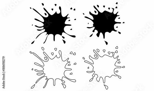 Liquid splash icon set in outline and silhouette with spills and splatters. Abstract fluid shapes for water, paint, ink, milk effects in design and branding.hand drawing vector illustration