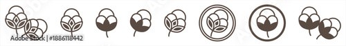 Cotton icon set in line and solid styles, isolated on a transparent background. Features cotton flower symbols ideal for textile, fabric, natural, and eco-friendly design projects.