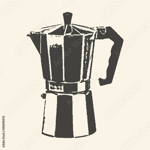 Vintage Moka Pot Espresso Maker Illustration, Classic Italian Coffee Machine, Monochrome Retro Kitchenware Art, Timeless Design