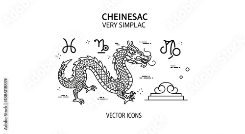 Detailed Line Art Chinese Dragon and Traditional Cultural Icons on Bright Studio Background