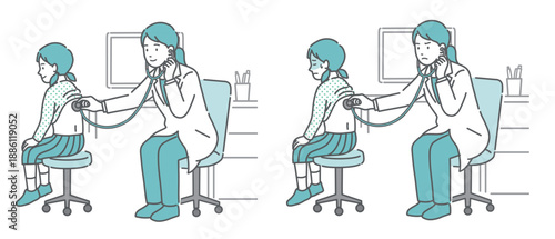 白衣を着た女性医師による女の子の背中の聴診イラストセット（正常・異常/体調不良）