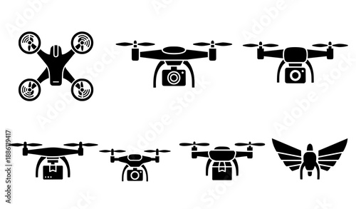 Drone and quadcopter icon set with aerial technology symbols vector
