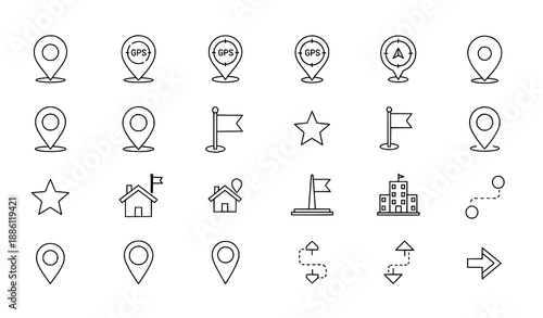 Minimal location outline icon set with map pin and GPS symbols