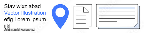 File organization, location tracking, digital documentation, navigation systems, workflow optimization, data storage. Blue location pin, documents and cards are displayed. File organization