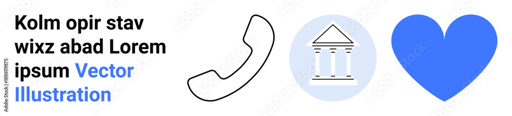 Fototapeta premium Communication, government services, civic engagement, public assistance, charity, customer service. Black phone receiver, building column symbol blue heart graphic. Communication and government