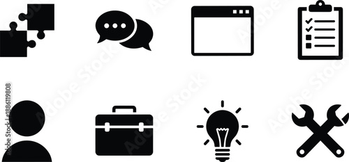 Set of black solid business icons featuring puzzle pieces, chat bubbles, checklist, briefcase, lightbulb, and tools for productivity.