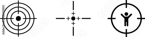Set of black target and crosshair icons featuring bullseye, precision mark, and human silhouette symbol isolated on white background.