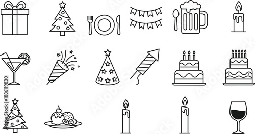 Set of celebration line icons featuring gift boxes Christmas trees party hats cakes and candles for festive holiday events.
