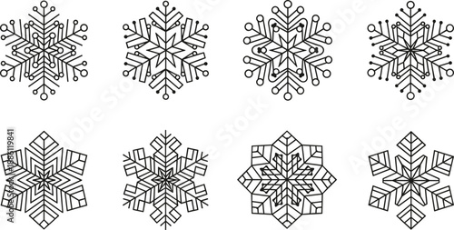 Set of complex geometric snowflake icons featuring intricate symmetrical line patterns for winter season and holiday decoration designs.